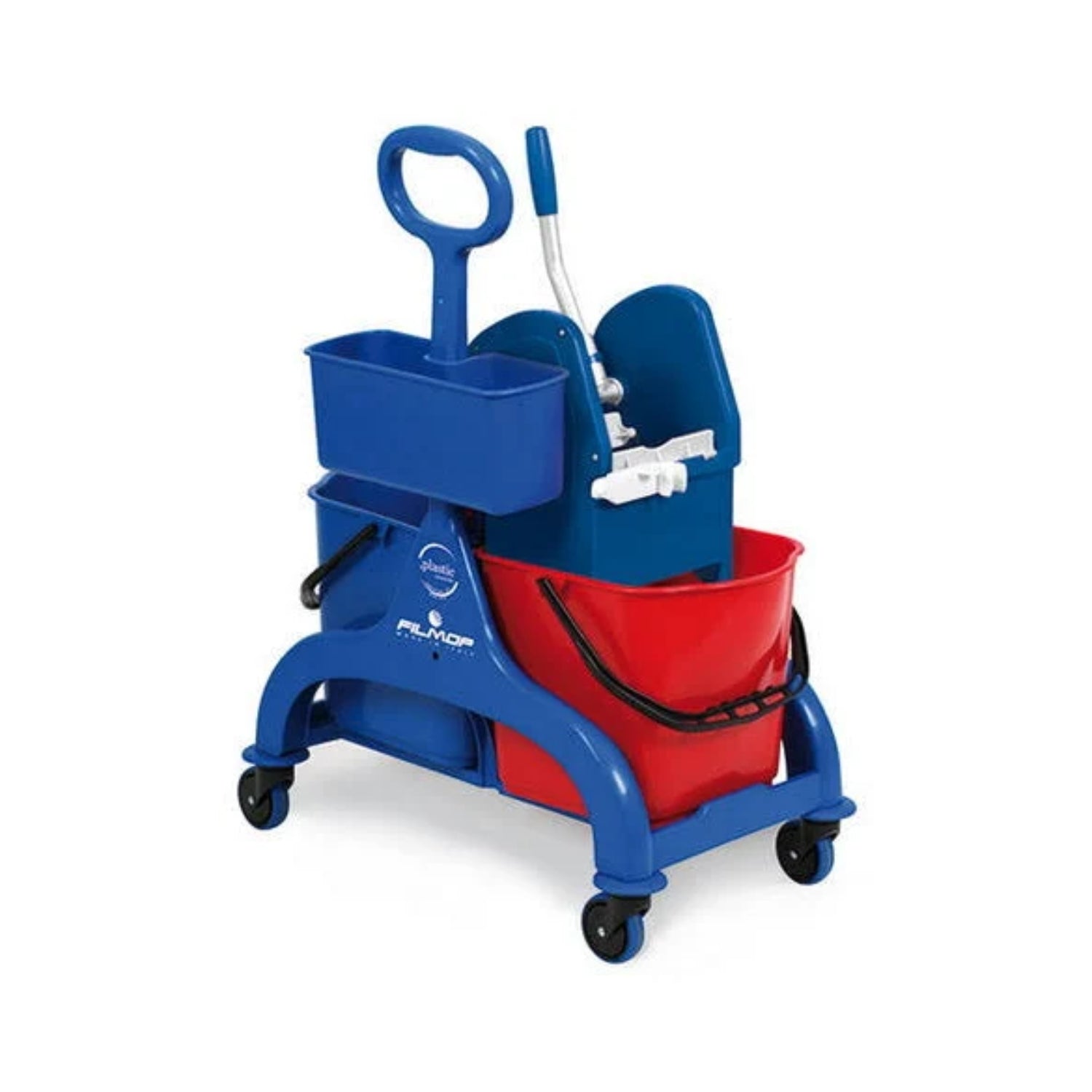 Carrello professionale Filmop Fred in plastica con doppio secchio, strizzatore a pressini e cassetta portaoggetti per il lavaggio dei pavimenti.