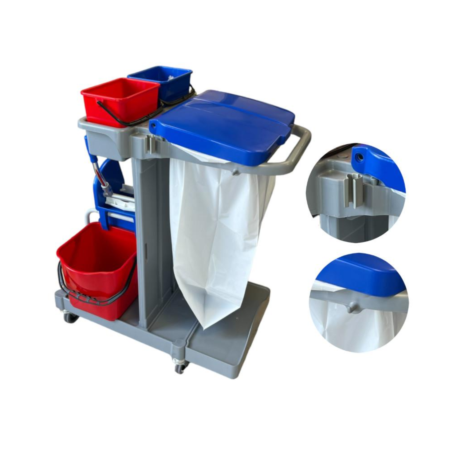 Carrello professionale Filmop Alpha 1104 per raccolta rifiuti e lavaggio pavimenti con doppio secchio e portasacco.