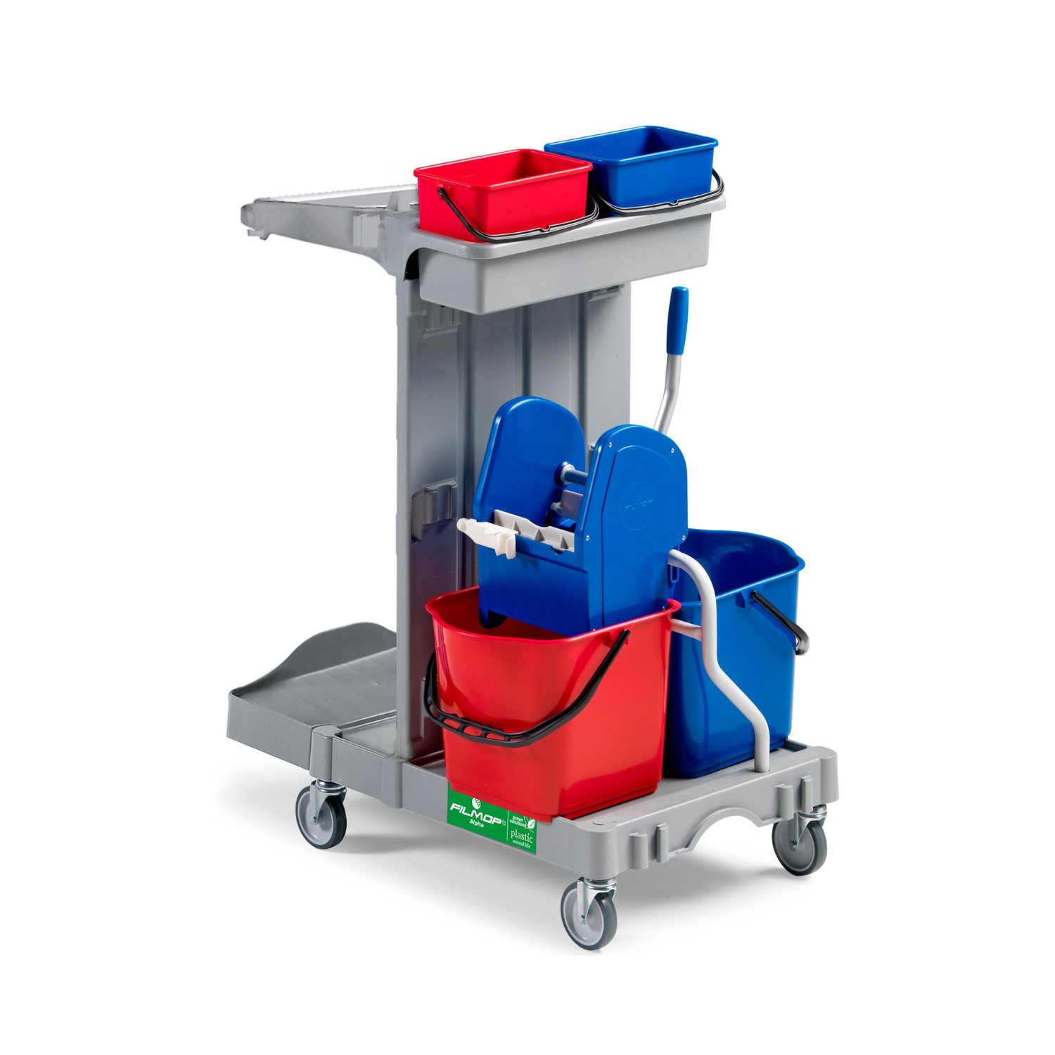 Carrello professionale Filmop Alpha 1104 per raccolta rifiuti e lavaggio pavimenti con doppio secchio e portasacco.